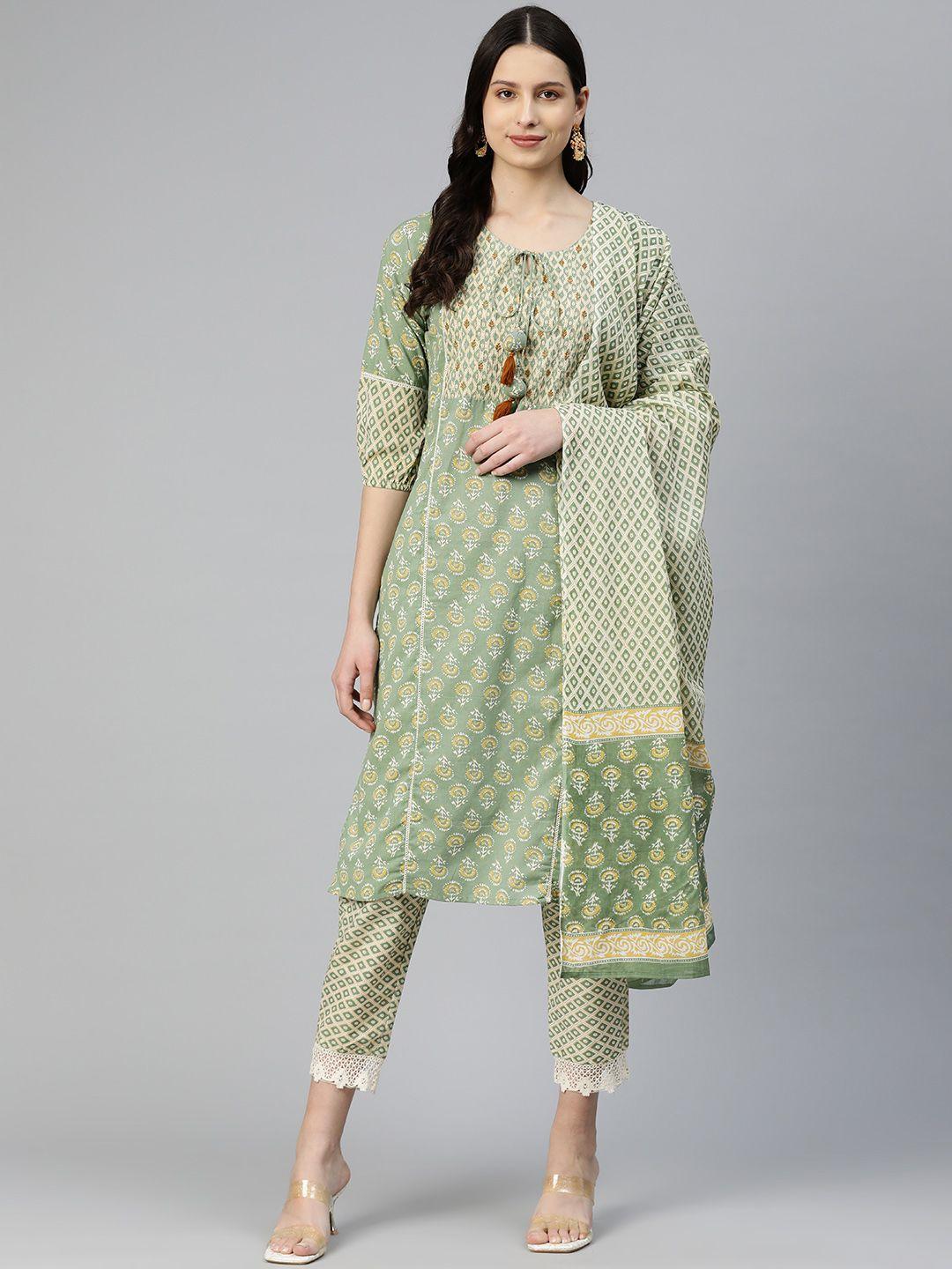 readiprint fashions women floral printed pure cotton kurta with trousers & with dupatta
