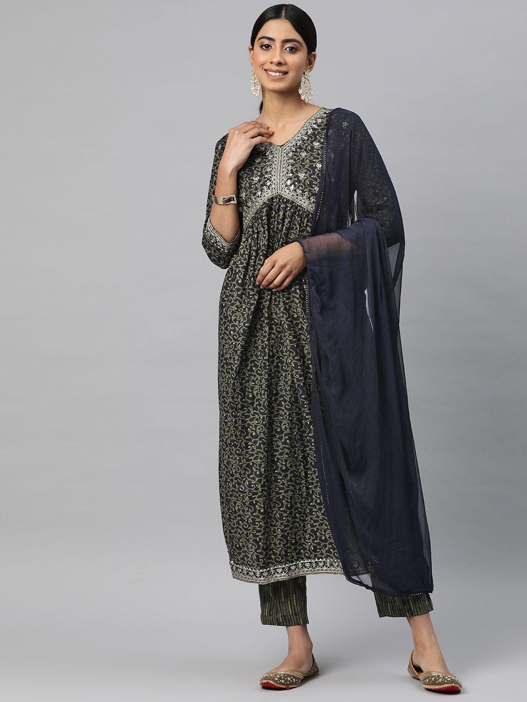 readiprint fashions women floral printed pure cotton kurta with trousers & with dupatta