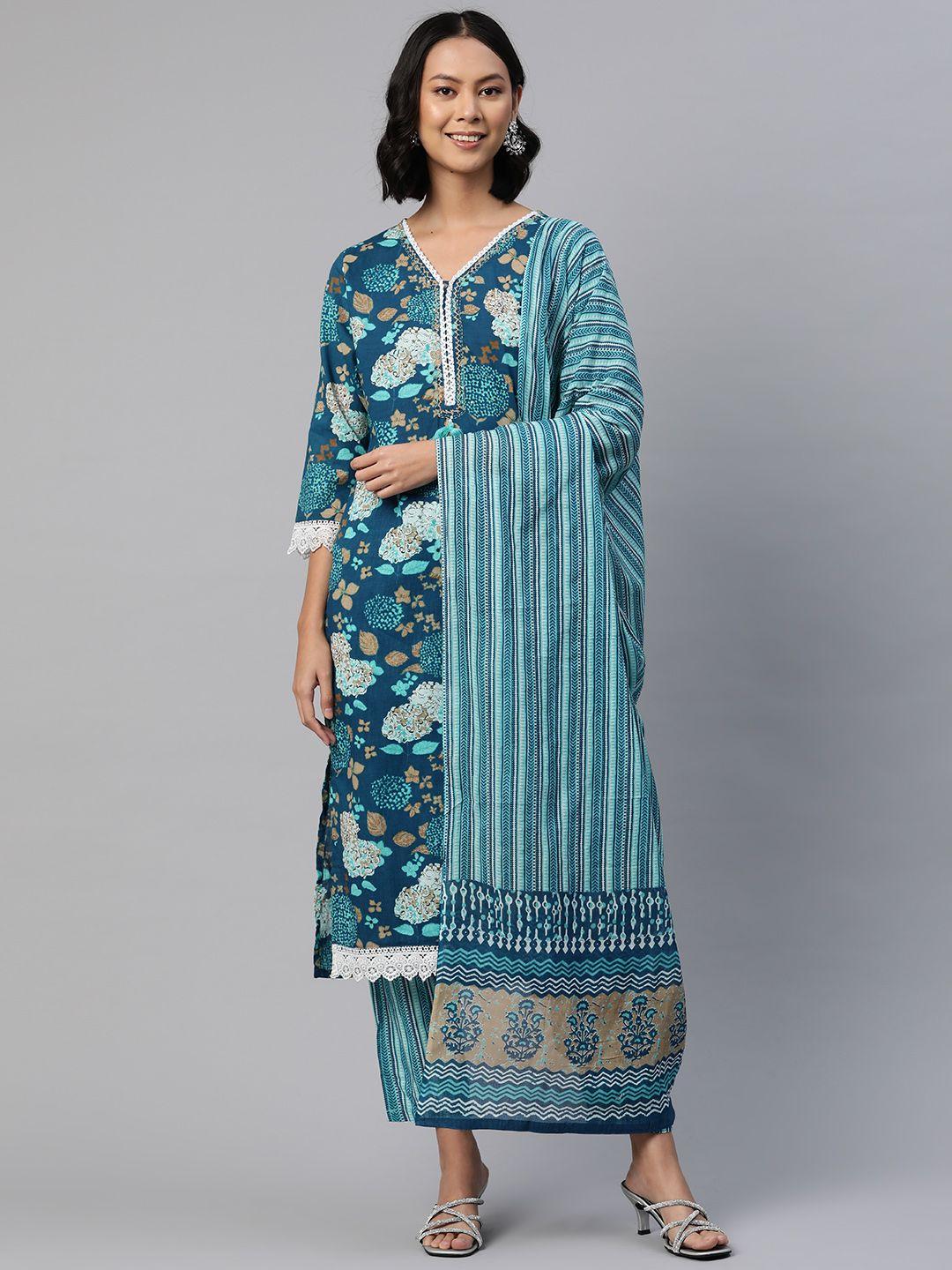 readiprint fashions women floral printed regular sequinned pure cotton kurta set