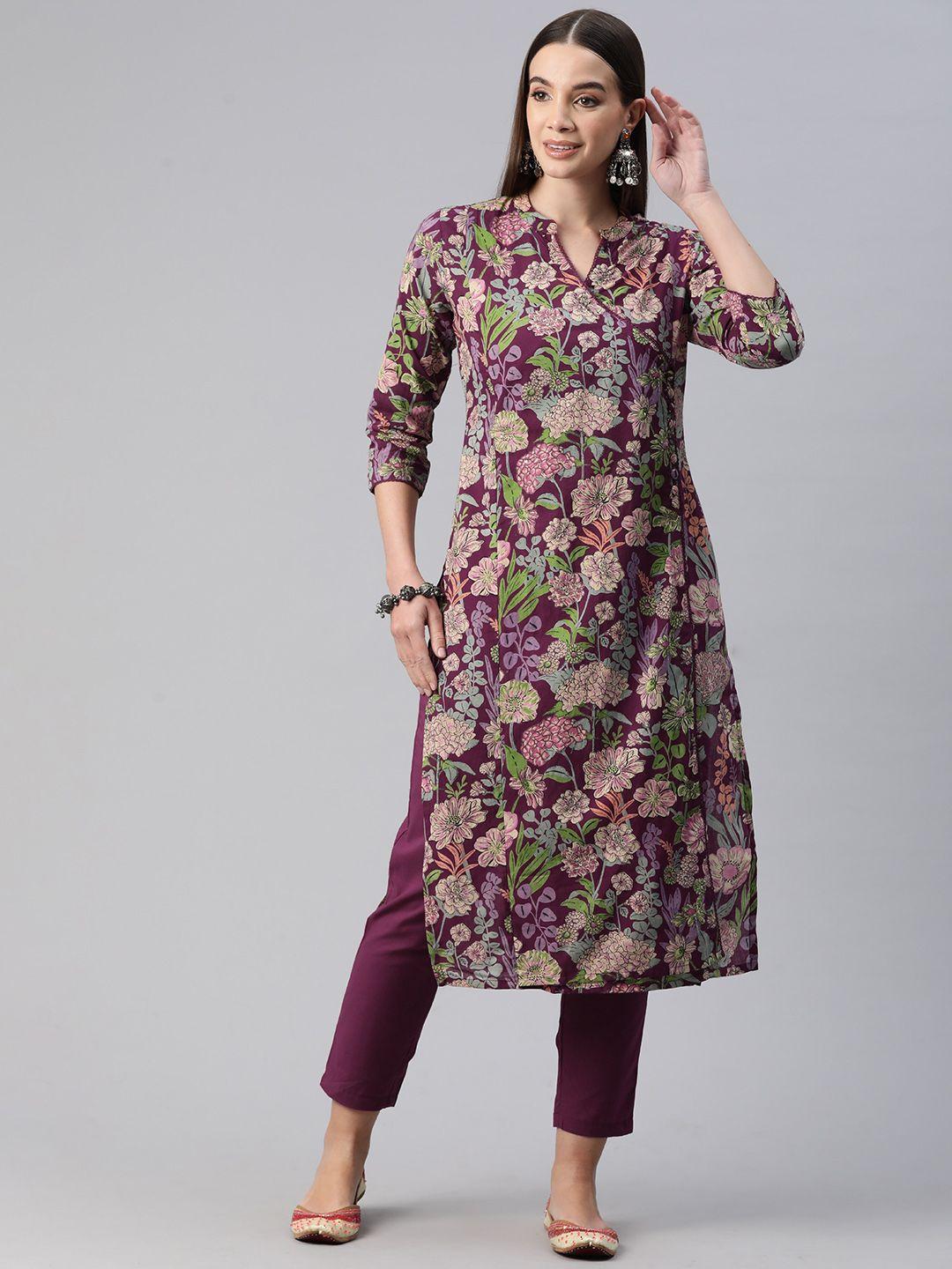 readiprint fashions women floral printed regular sequinned pure cotton kurta with trousers