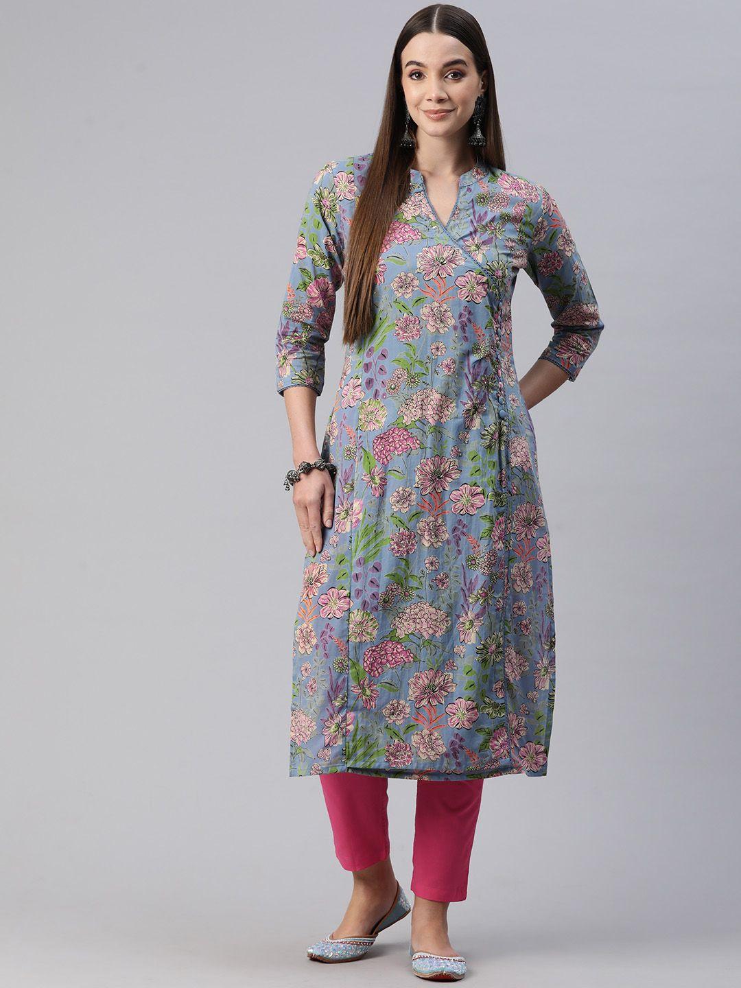 readiprint fashions women floral printed regular sequinned pure cotton kurta with trousers