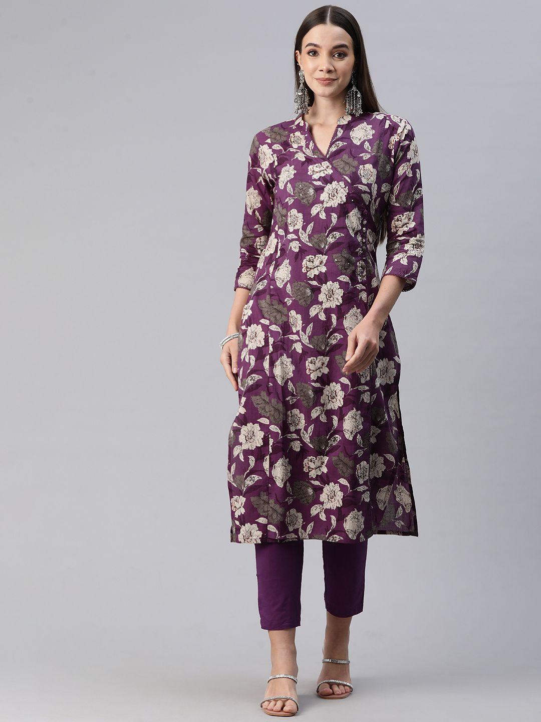 readiprint fashions women floral printed regular sequinned pure cotton kurta with trousers