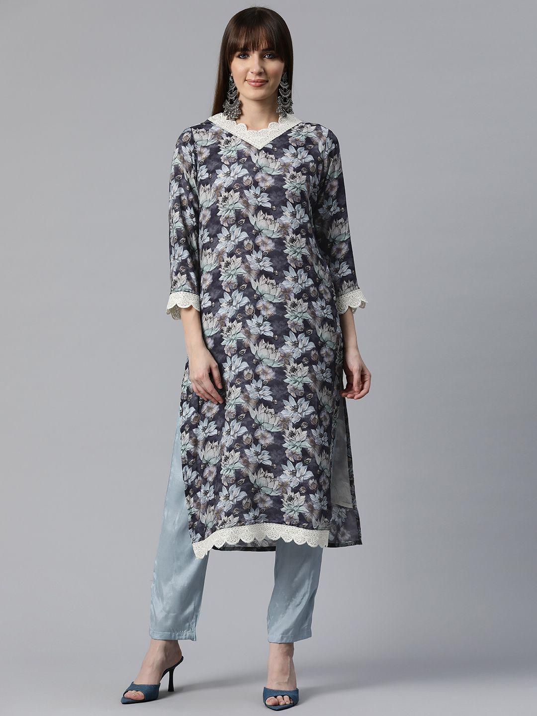 readiprint fashions women floral printed regular sequinned pure silk kurta with trousers