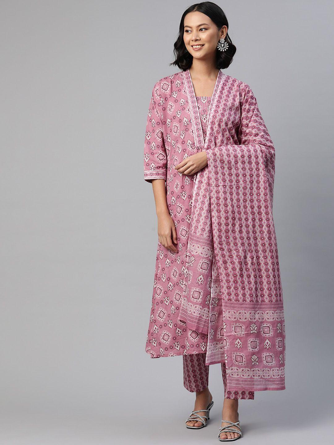 readiprint fashions women floral printed regular thread work pure cotton kurta set