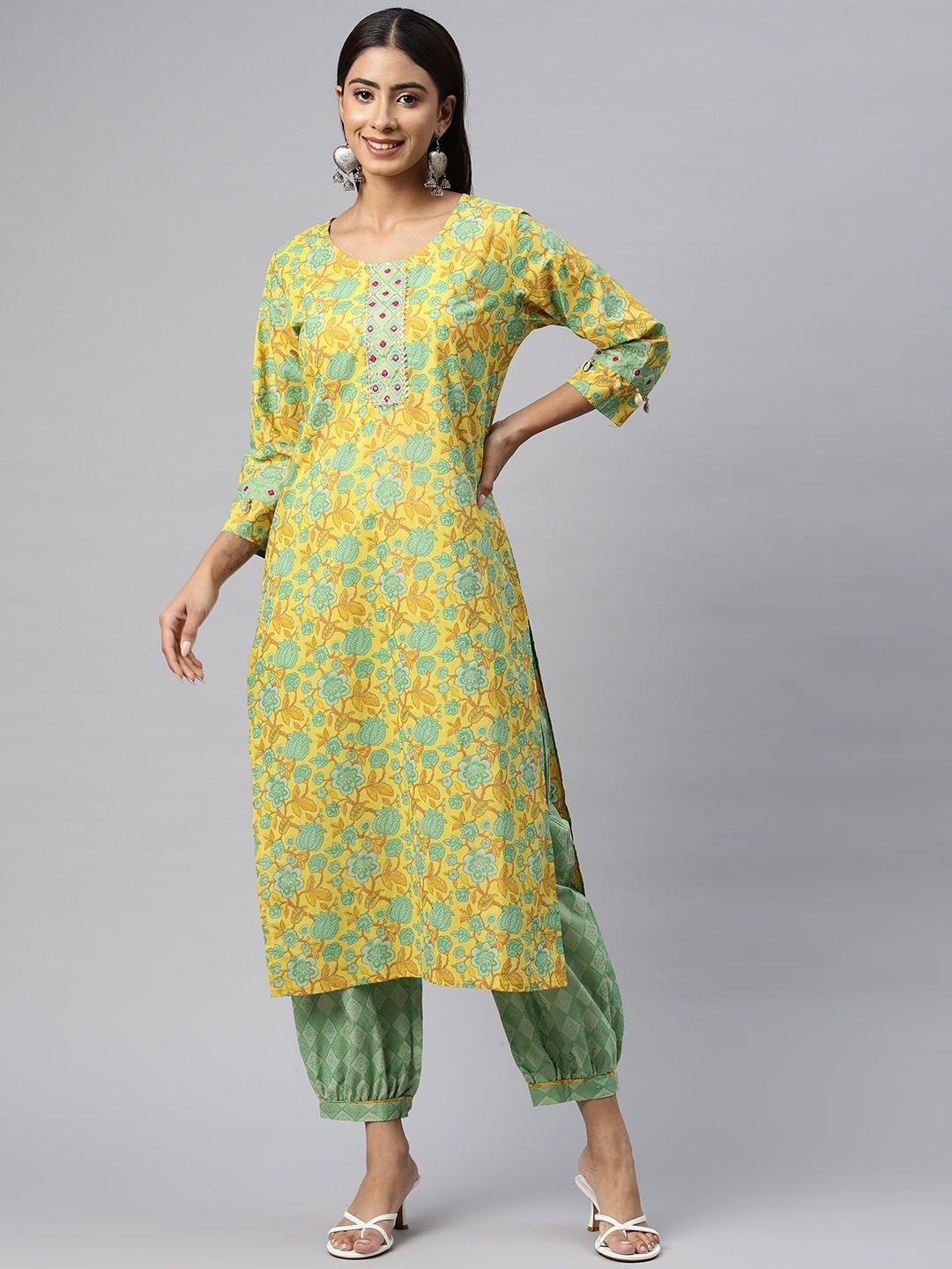 readiprint fashions women floral printed regular thread work pure cotton kurta with salwar
