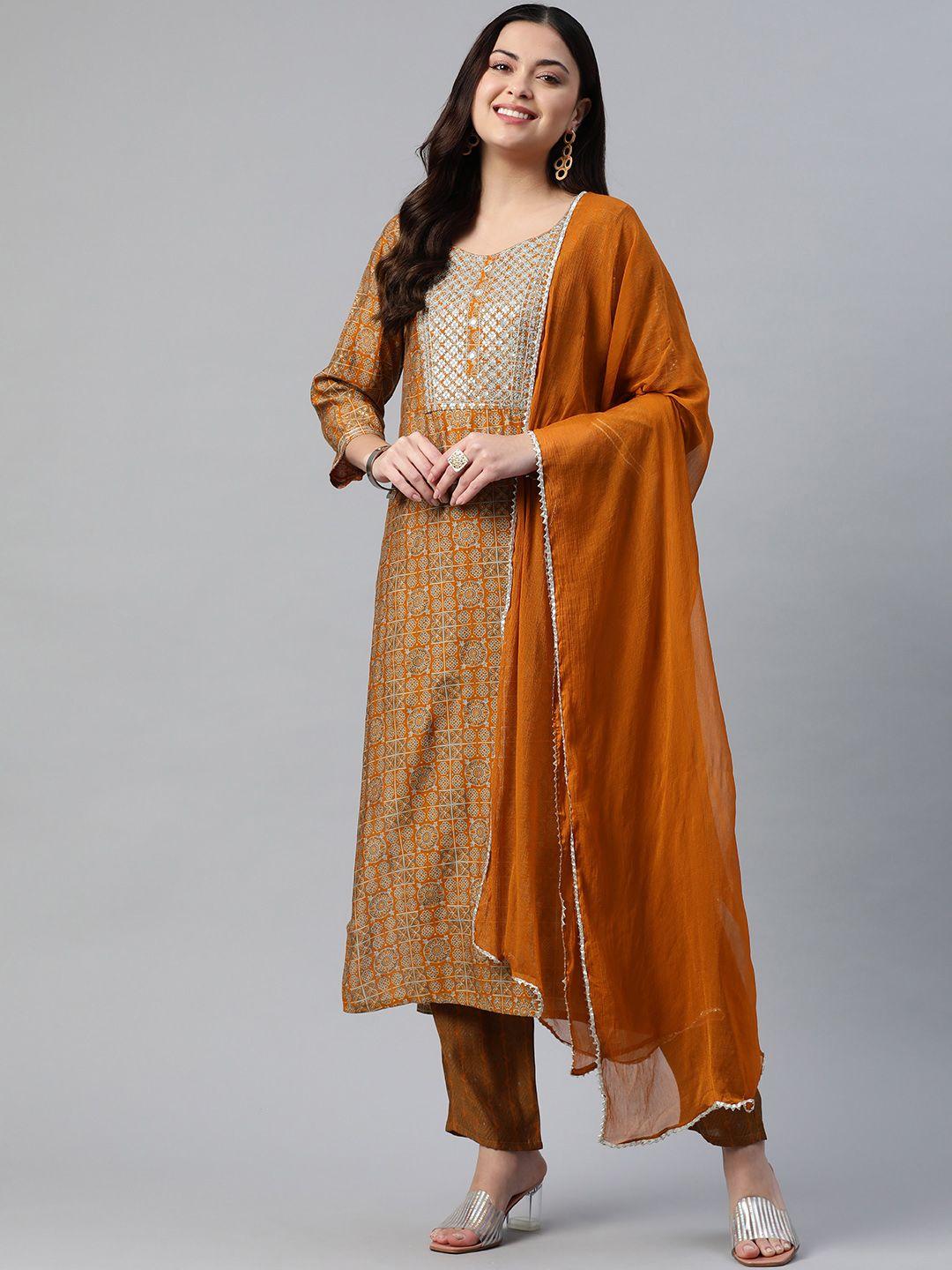 readiprint fashions women floral printed sequinned chanderi kurta with trousers & dupatta