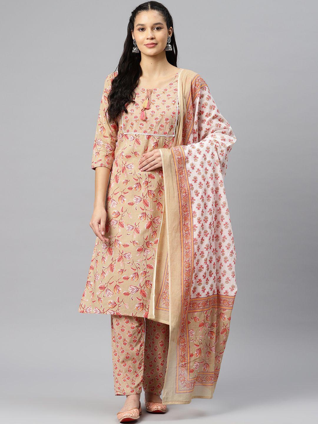 readiprint fashions women floral printed sequinned cotton kurta with palazzos & dupatta