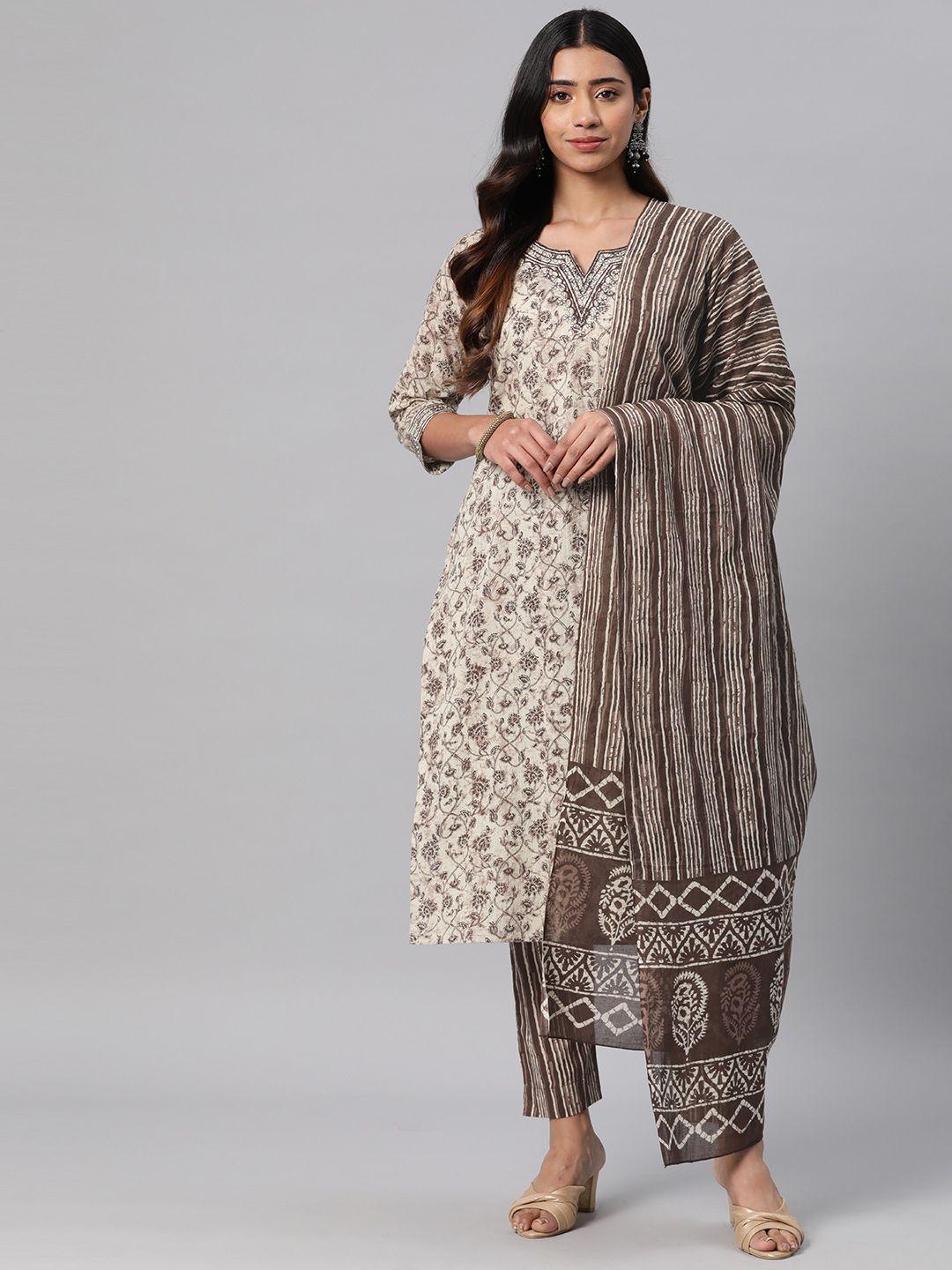 readiprint fashions women floral printed sequinned cotton kurta with trousers & dupatta