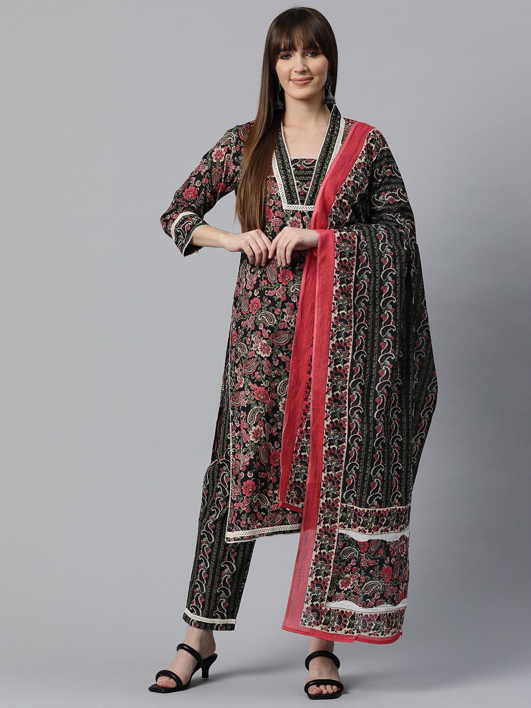 readiprint fashions women floral printed sequinned cotton kurta with trousers & dupatta