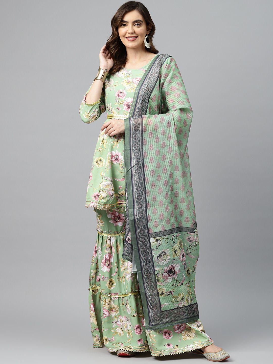 readiprint fashions women floral printed silk crepe kurti with sharara & dupatta