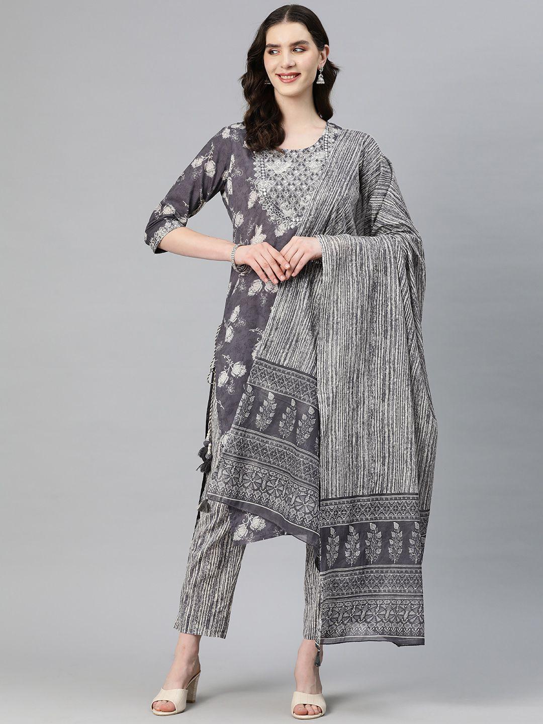 readiprint fashions women floral printed thread work kurta with trousers & with dupatta