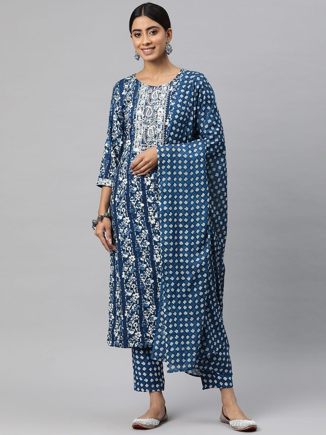 readiprint fashions women floral printed thread work kurta with trousers & with dupatta