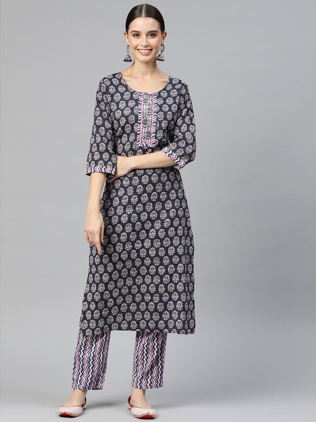 readiprint fashions women floral printed thread work pure cotton kurta with palazzos