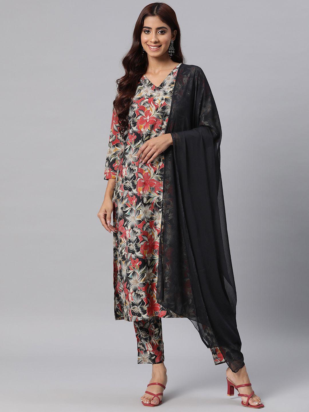 readiprint fashions women floral printed thread work silk kurta with trousers & dupatta