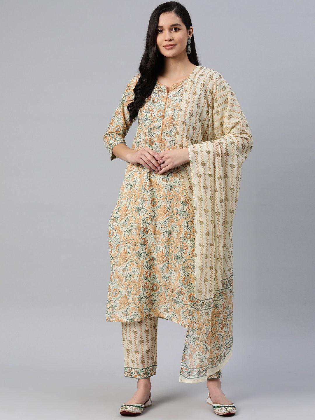 readiprint fashions women floral regular pure cotton kurta with palazzos & with dupatta