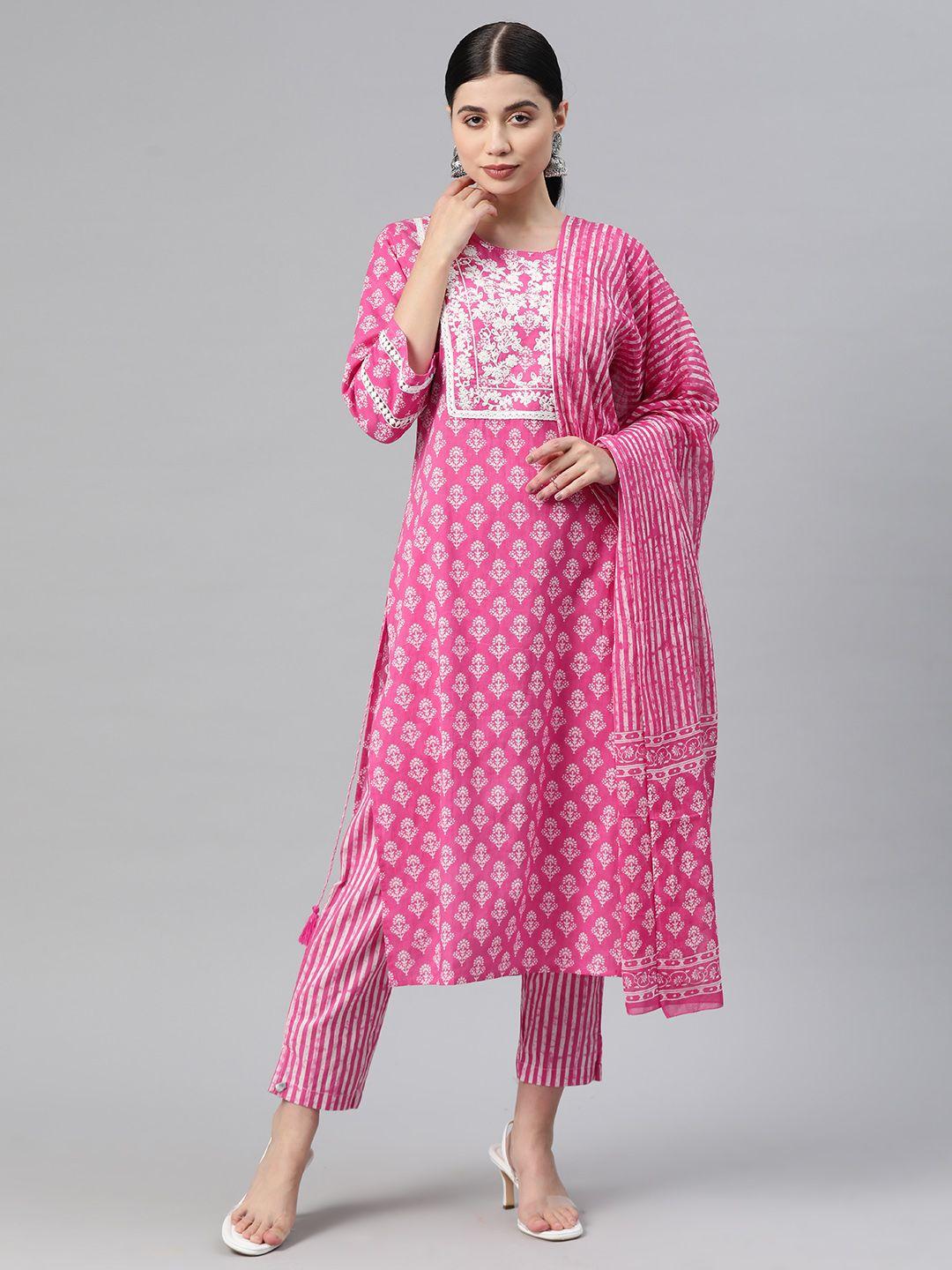 readiprint fashions women floral yoke design pure cotton kurta with palazzos & dupatta