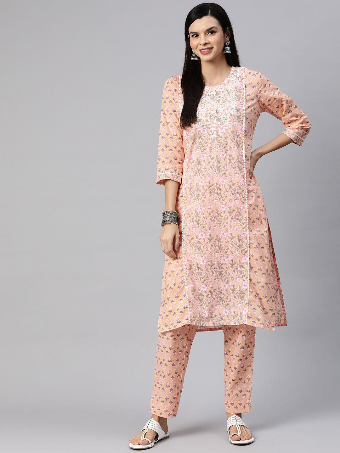 readiprint fashions women floral yoke design regular thread work pure cotton kurta set
