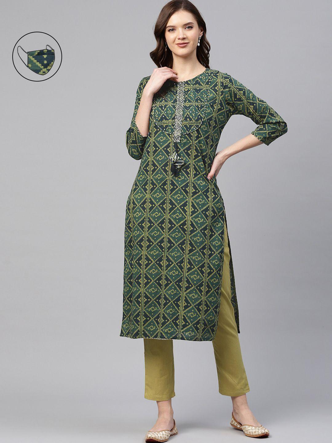readiprint fashions women green bandhani printed kurta with trousers & face mask