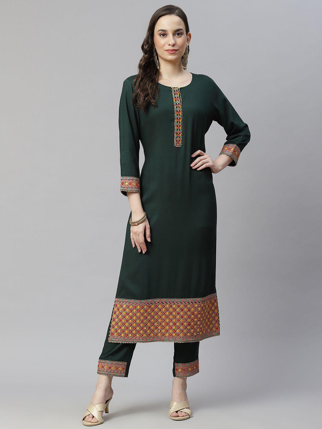 readiprint fashions women green embroidered regular thread work kurta with trousers