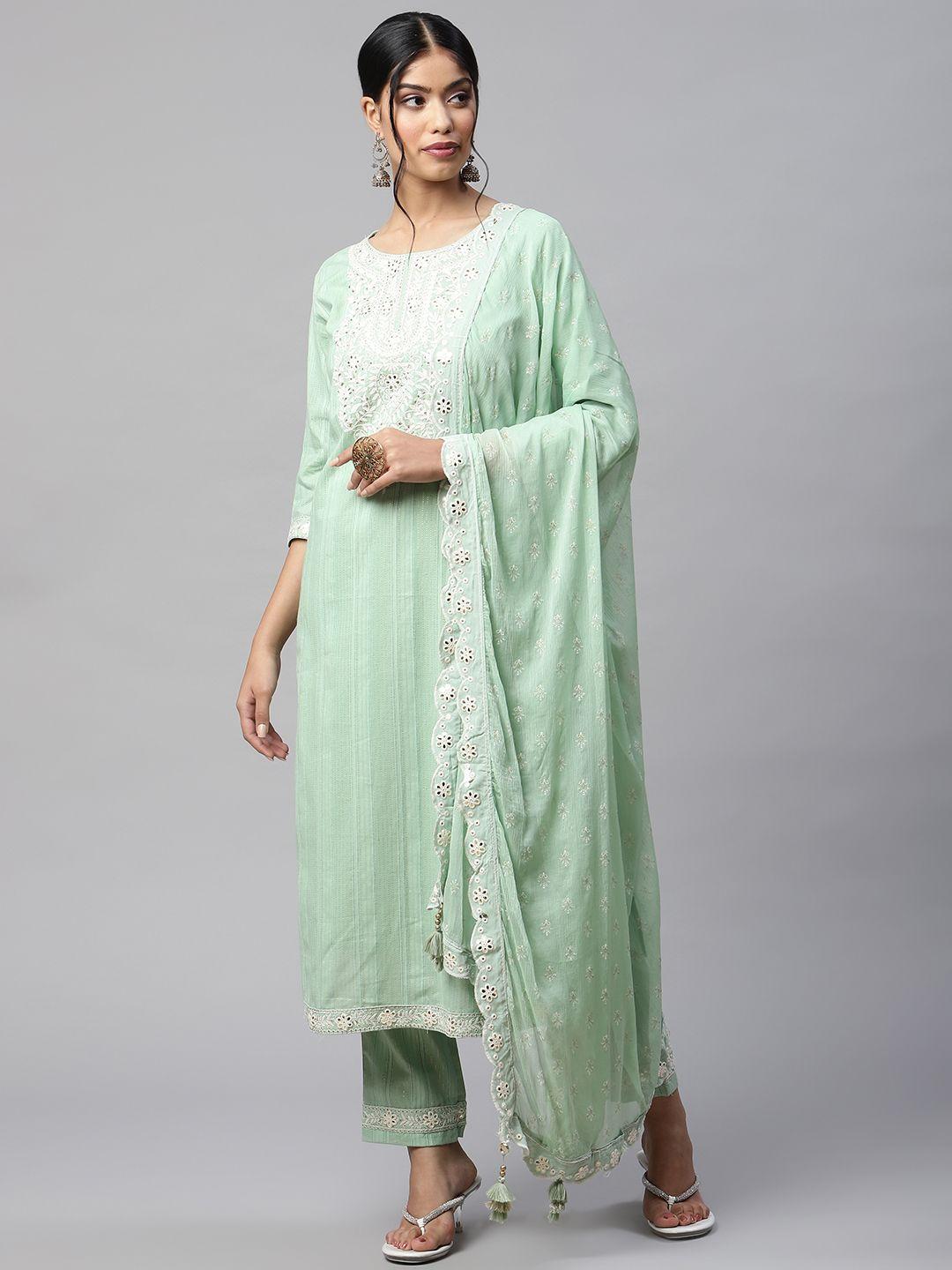 readiprint fashions women green floral embroidered cotton kurta with palazzos & dupatta