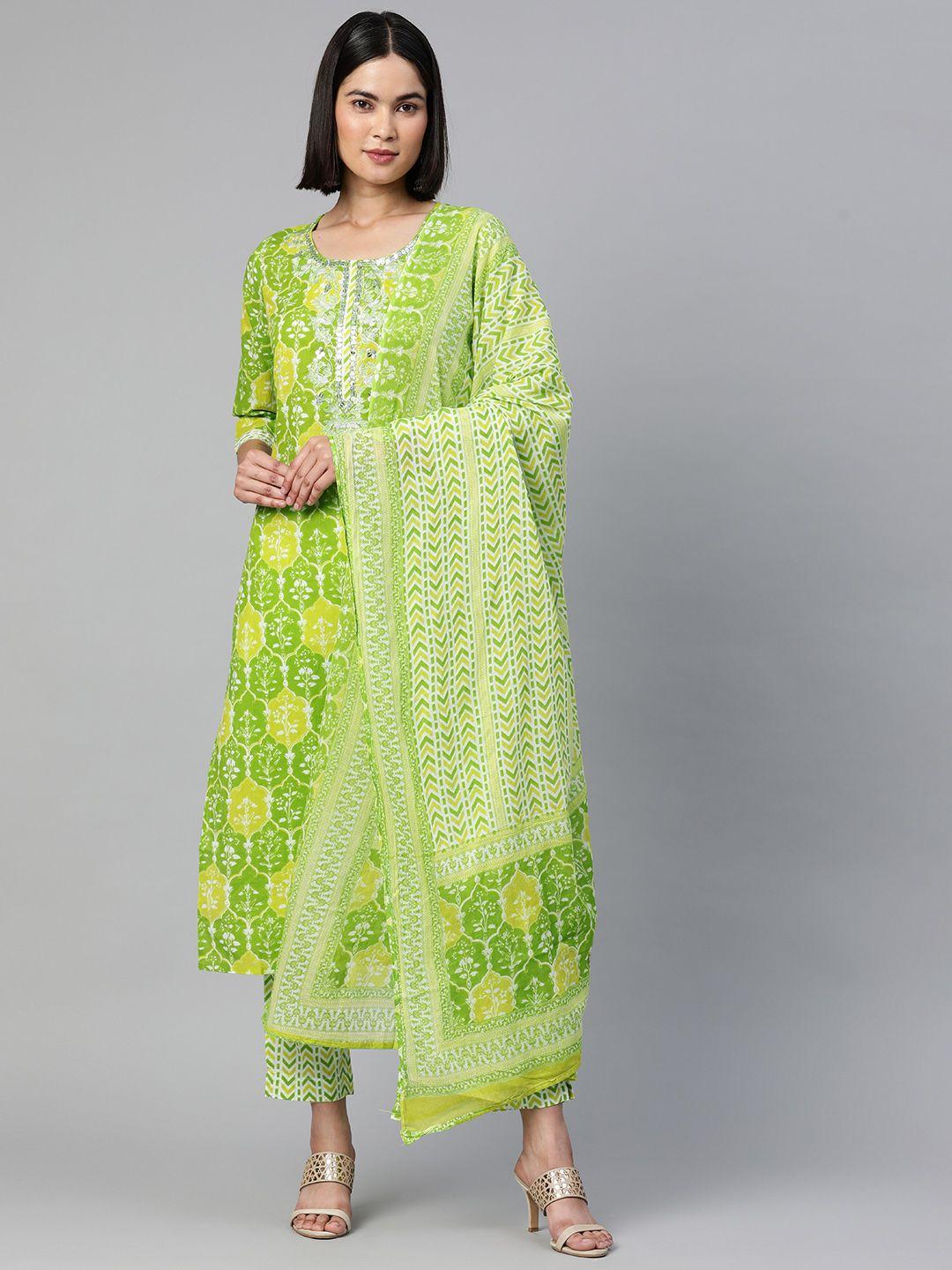 readiprint fashions women green floral embroidered sequinned pure cotton kurta with trousers & with dupatta