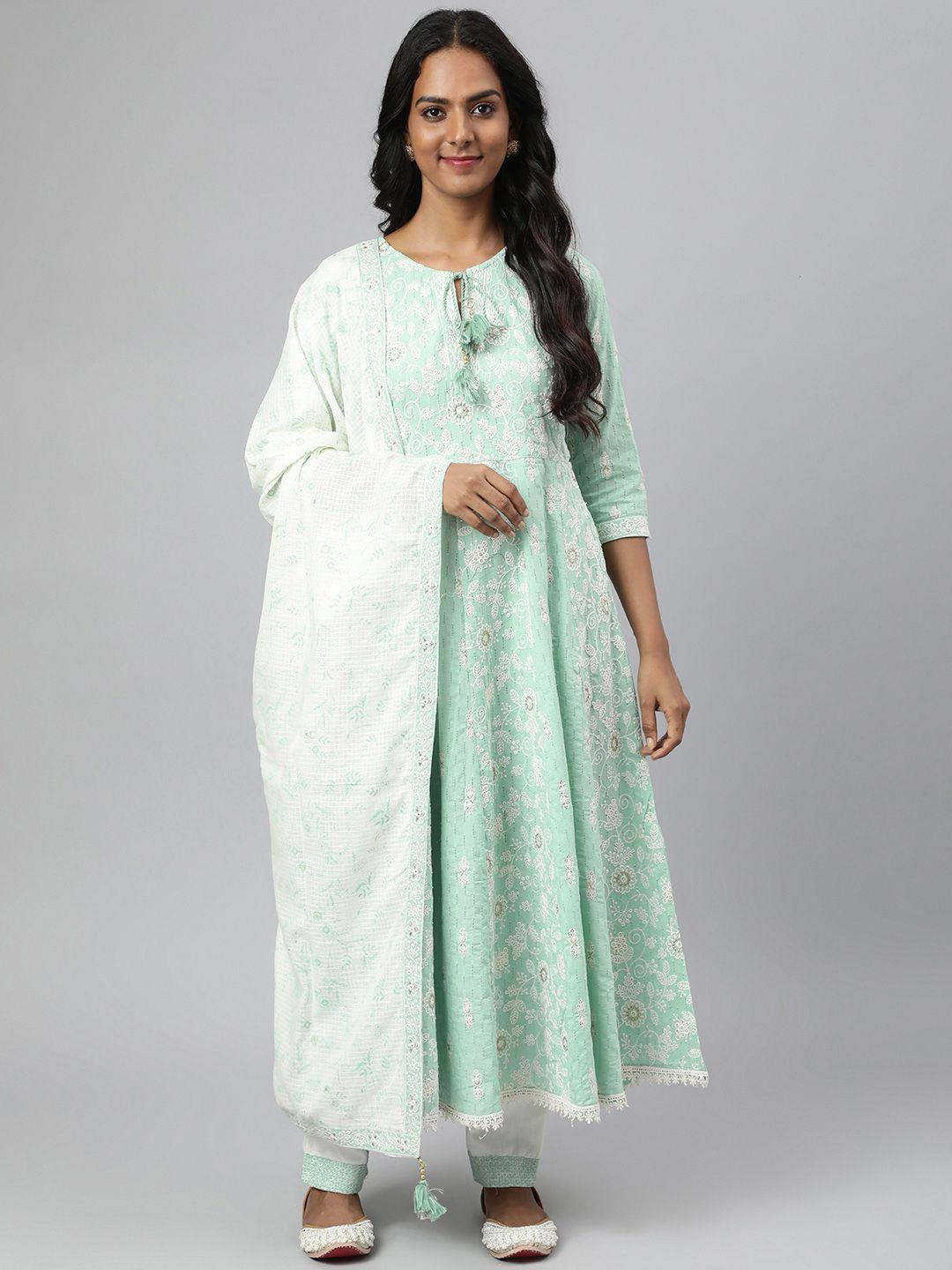 readiprint fashions women green floral embroidered thread work pure cotton kurta set