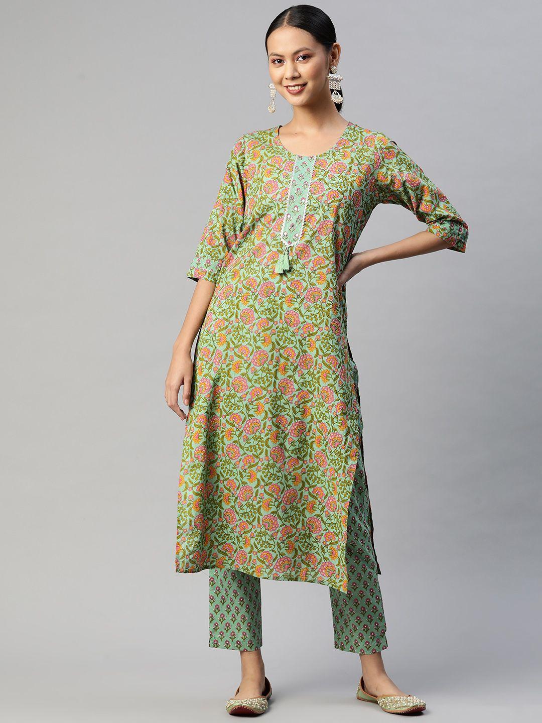 readiprint fashions women green floral printed pure cotton kurta with palazzos