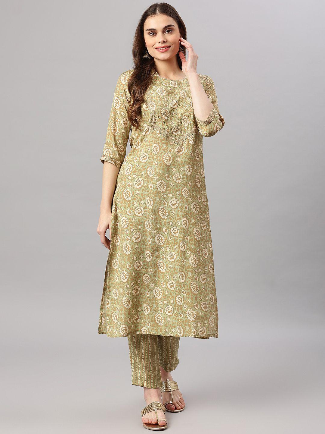 readiprint fashions women green floral printed sequined kurta set