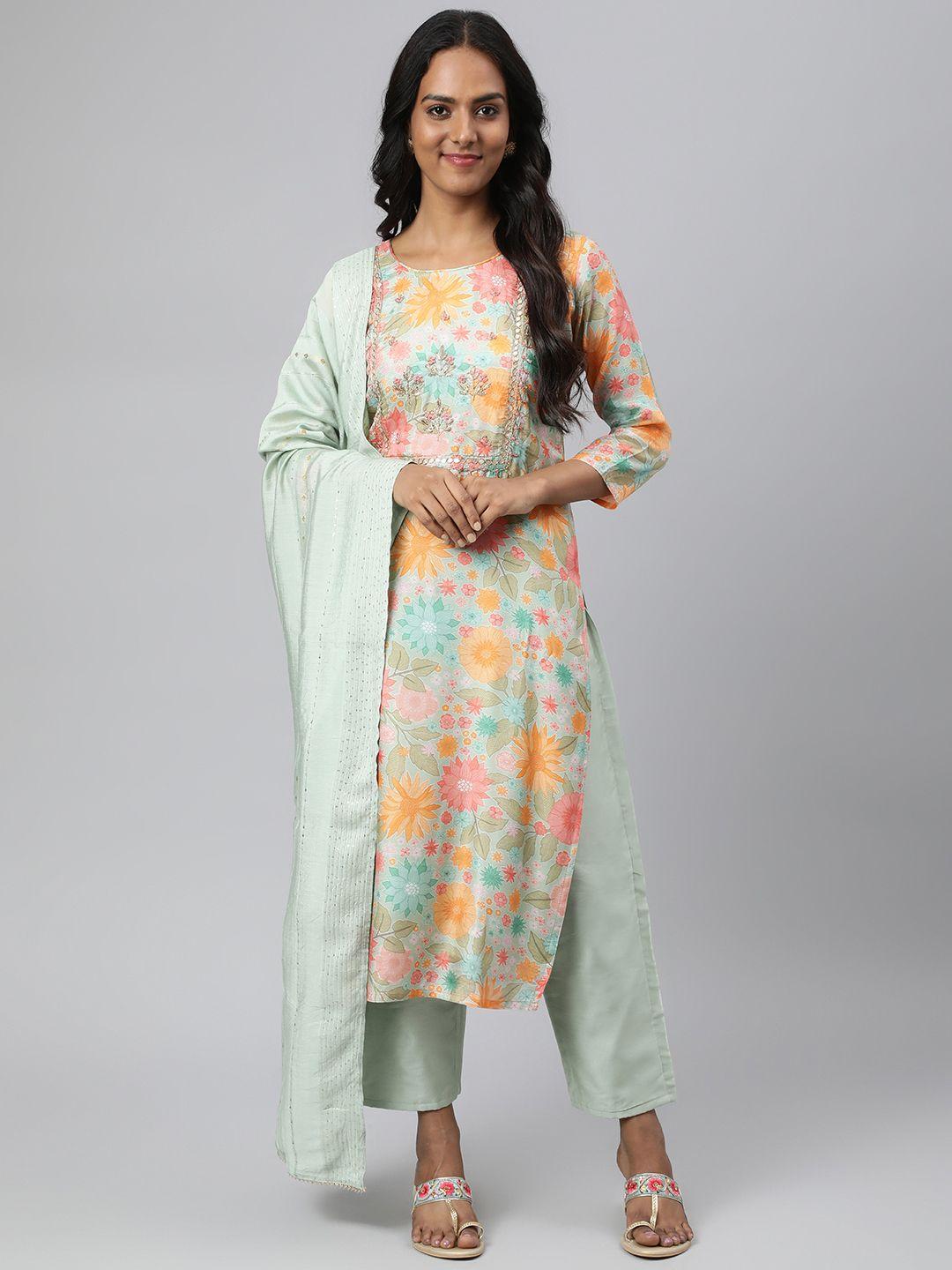 readiprint fashions women green floral printed thread work kurta with trousers & with dupatta