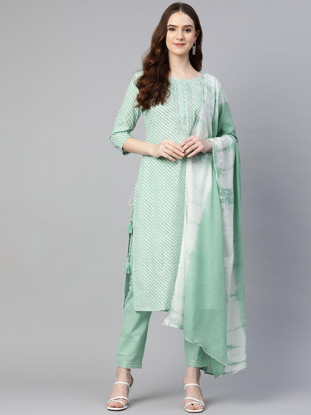 readiprint fashions women green leheriya embroidered kurta with trousers & with dupatta