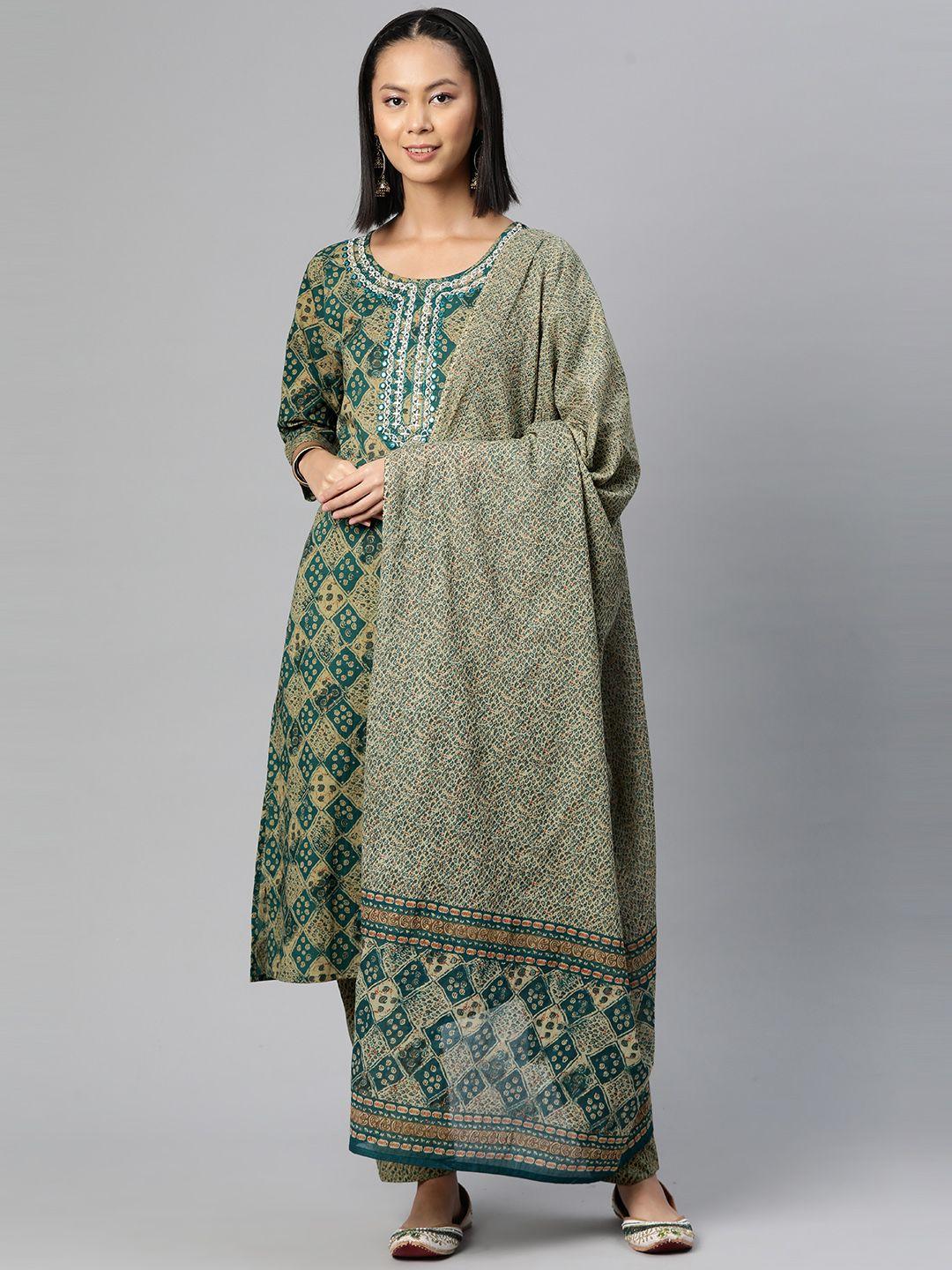 readiprint fashions women green printed regular mirror work pure cotton kurta with palazzos & with dupatta