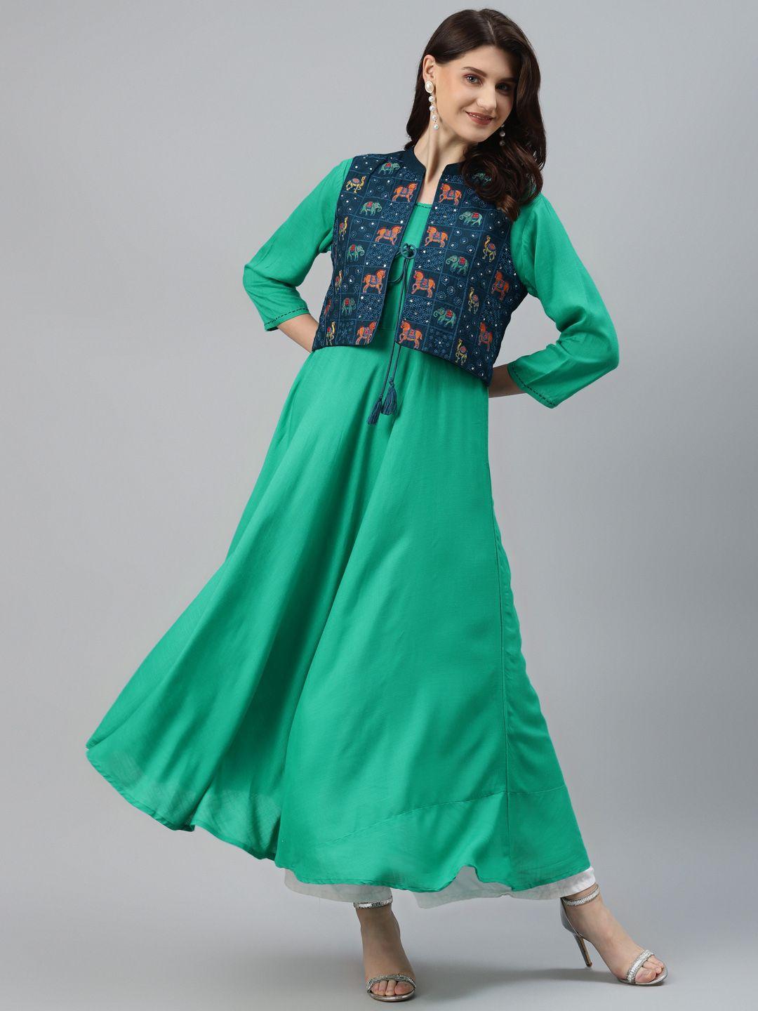readiprint fashions women green solid a-line kurta with embroidered jacket