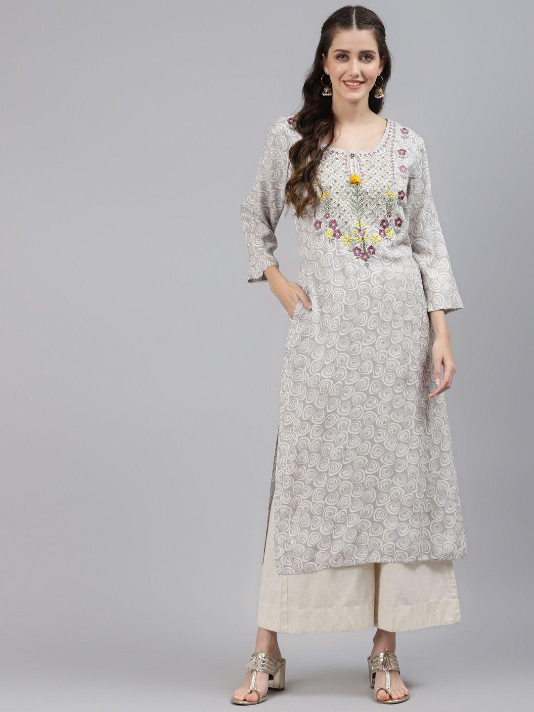readiprint fashions women grey & off white ethnic motifs embroidered kurta