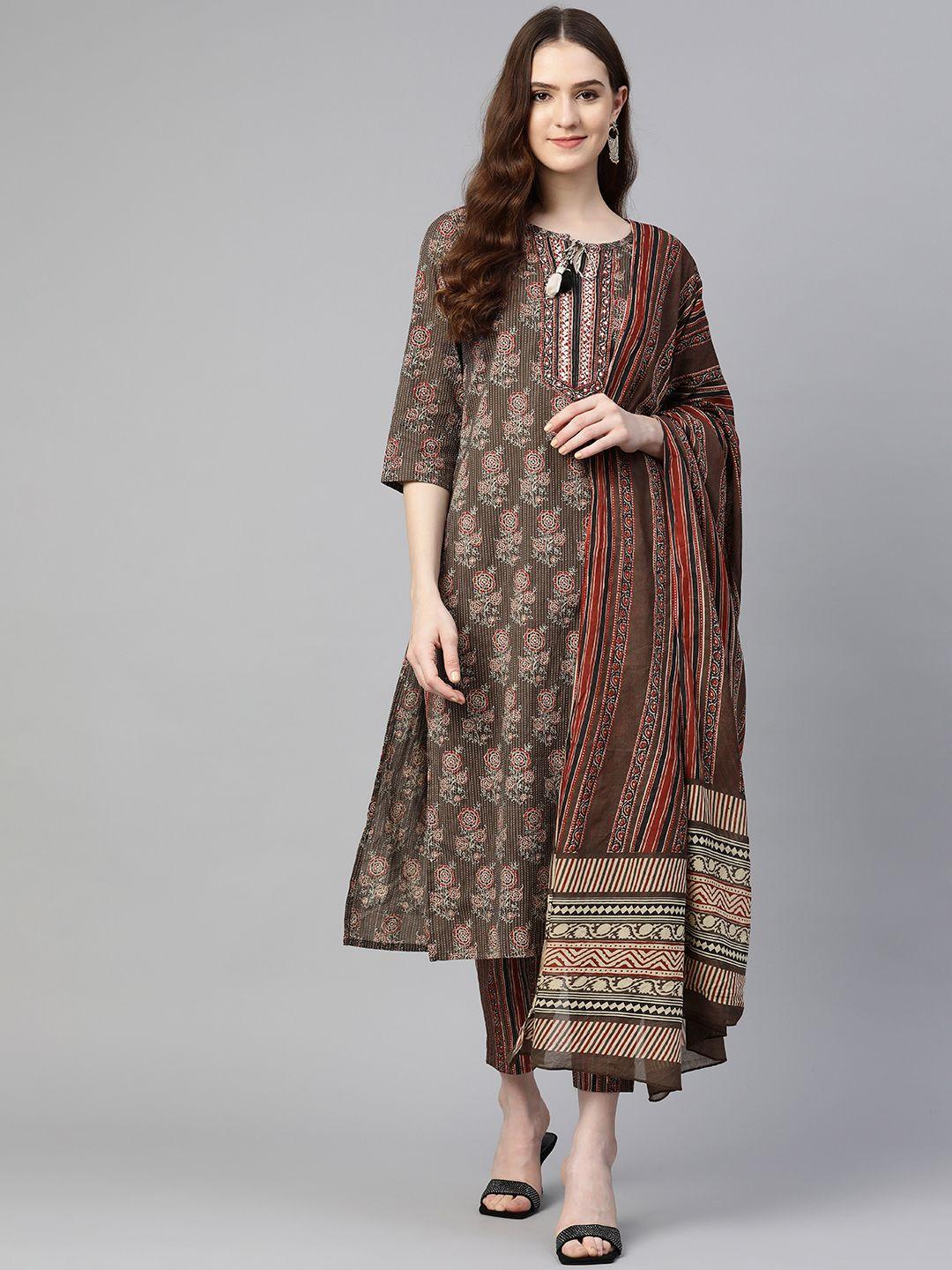 readiprint fashions women grey & red floral print kurta with palazzos & with dupatta