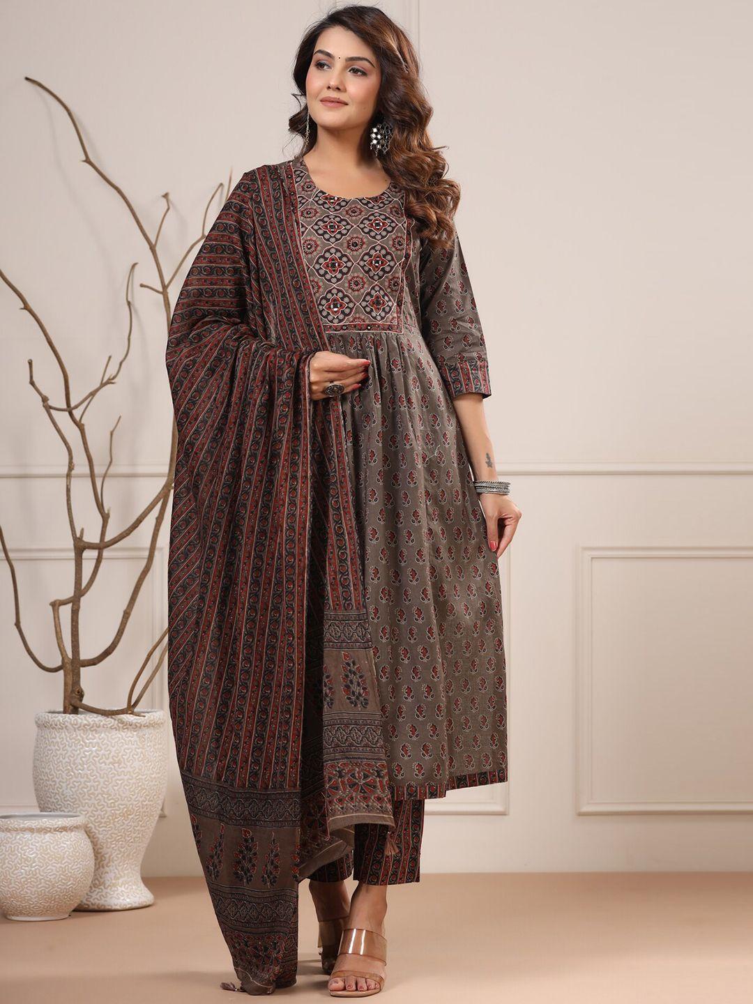 readiprint fashions women grey ethnic motifs printed empire pure cotton kurta with palazzos & with dupatta