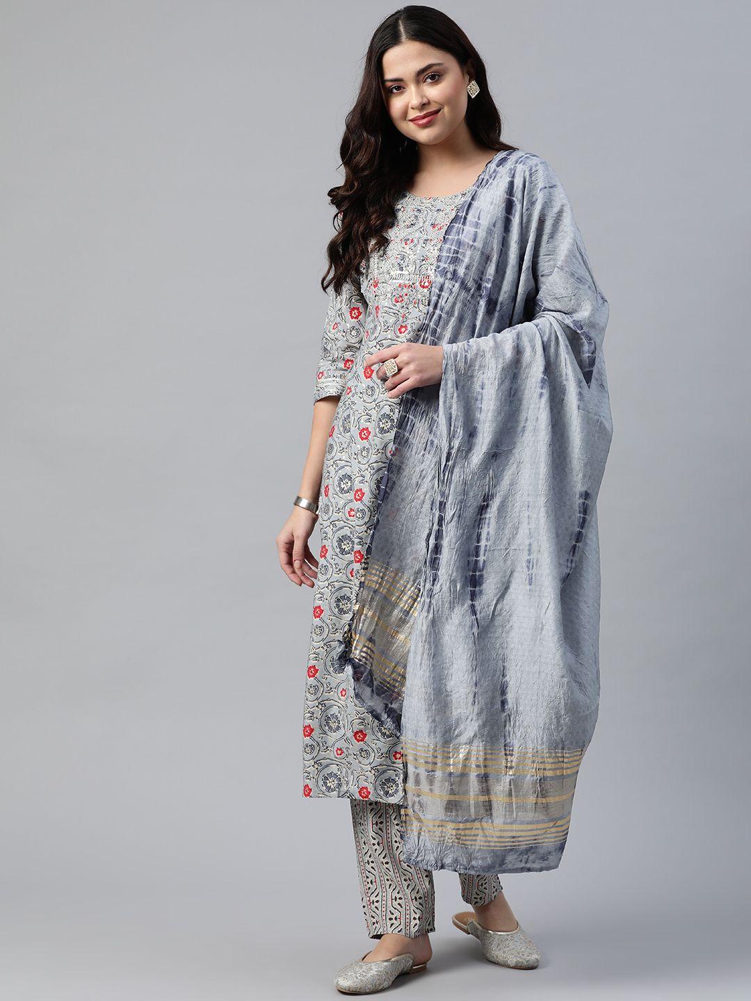 readiprint fashions women grey floral printed kurta set