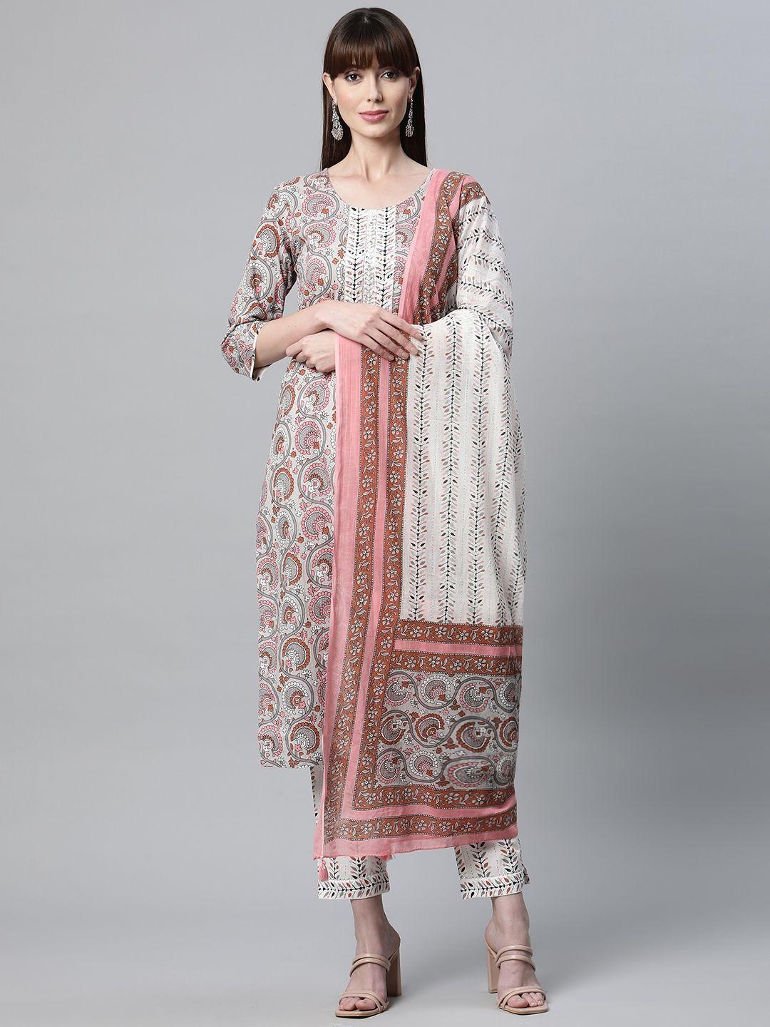 readiprint fashions women grey floral printed pure cotton kurta with palazzos & with dupatta