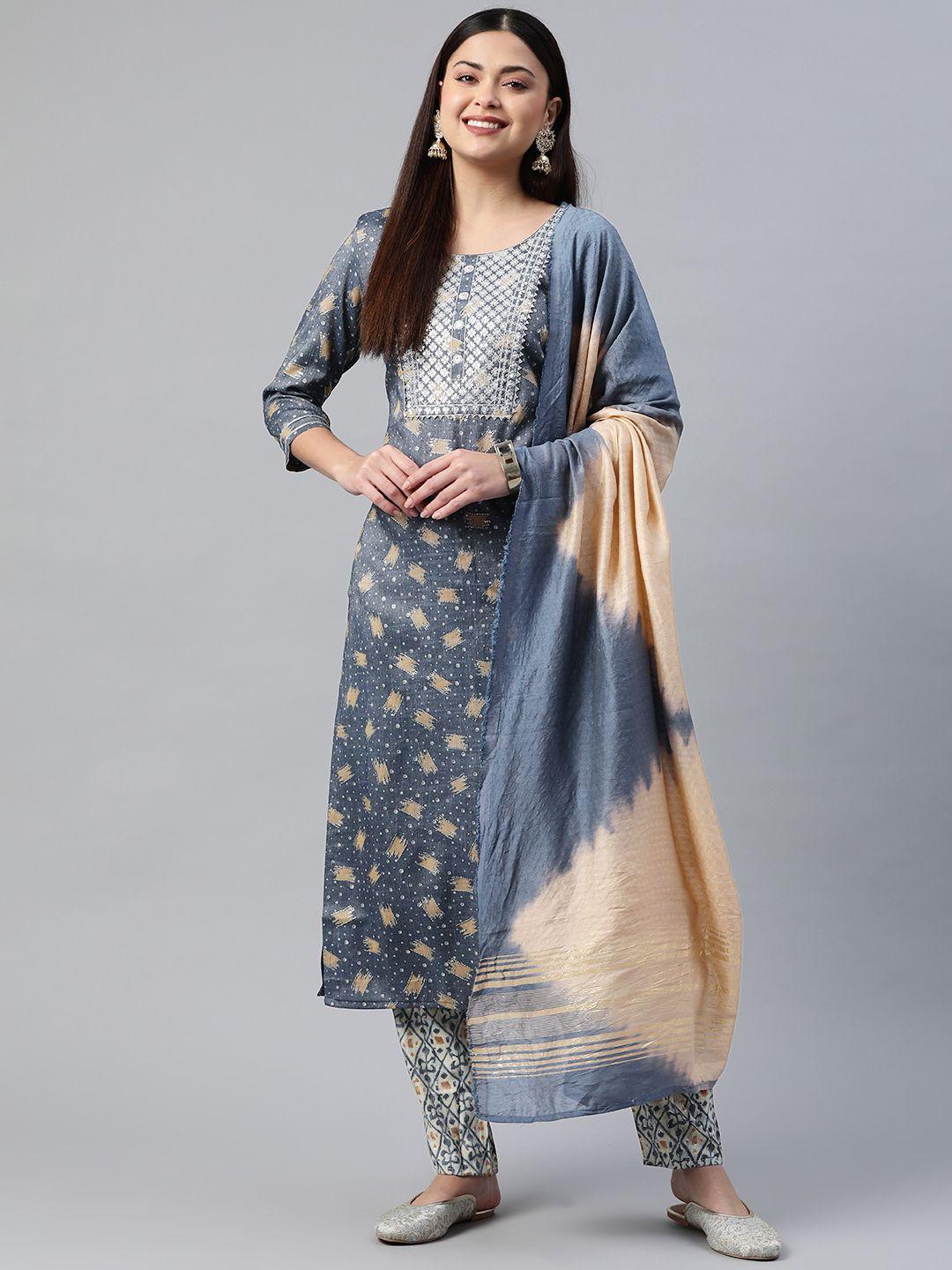 readiprint fashions women grey floral printed sequinned kurta set