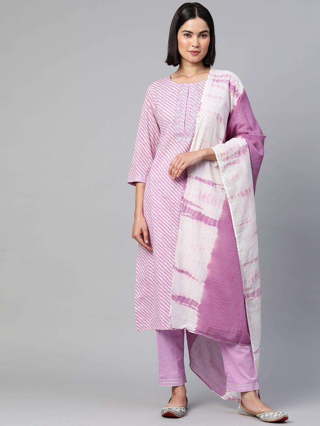 readiprint fashions women lavender leheriya pure cotton kurta with palazzos & with dupatta