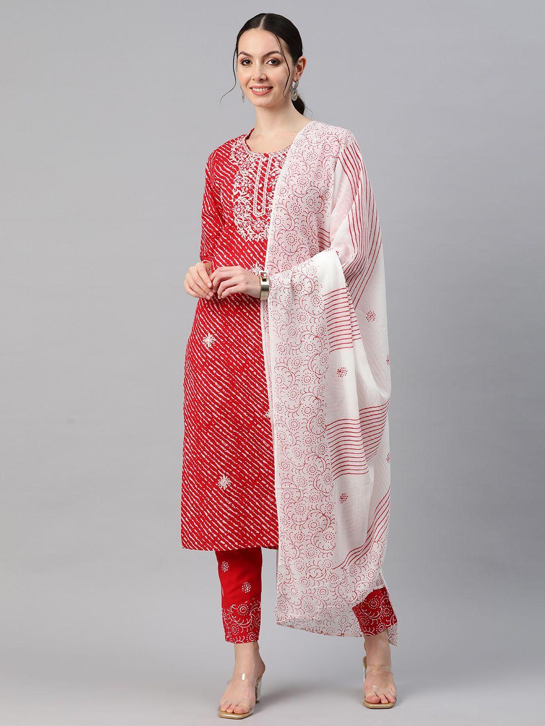 readiprint fashions women leheriya printed thread work kurta with trousers & with dupatta