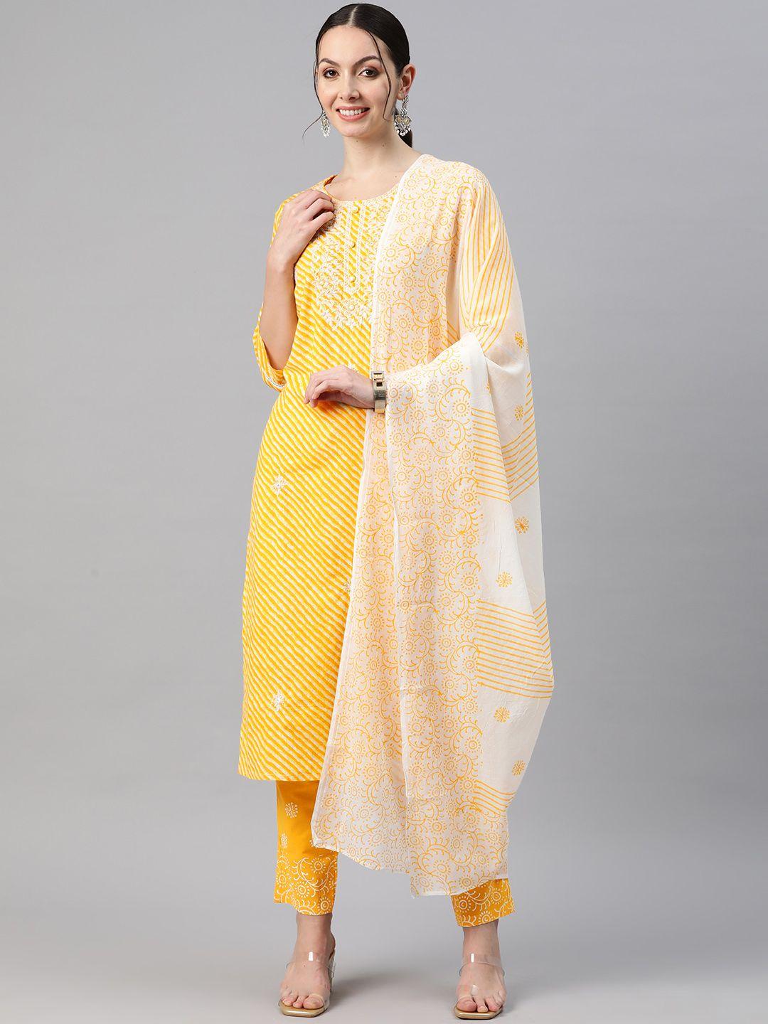 readiprint fashions women leheriya printed thread work kurta with trousers & with dupatta