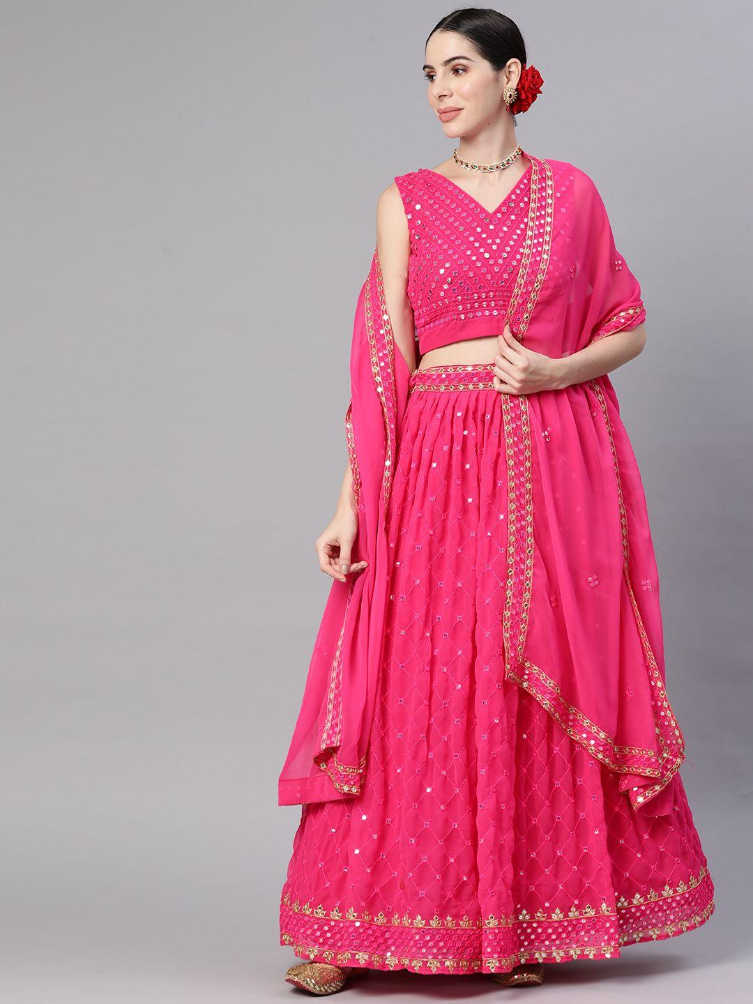 readiprint fashions women magenta embroidered unstitched lehenga & blouse with dupatta