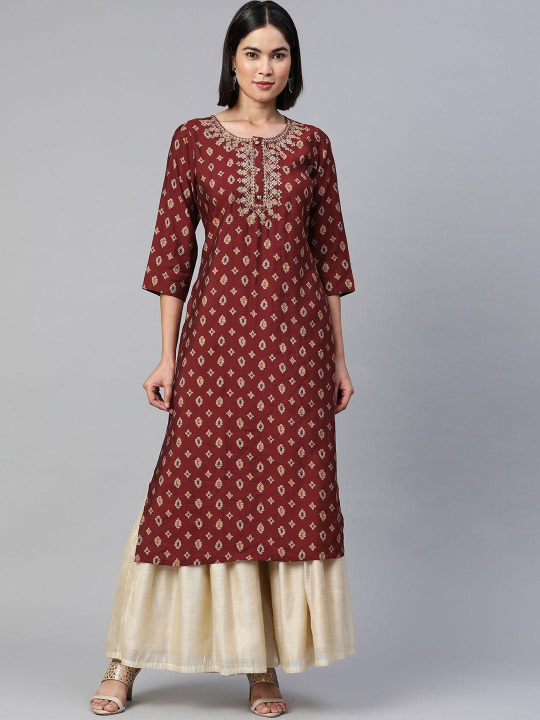 readiprint fashions women maroon & beige pure cotton floral embroidered thread work kurta