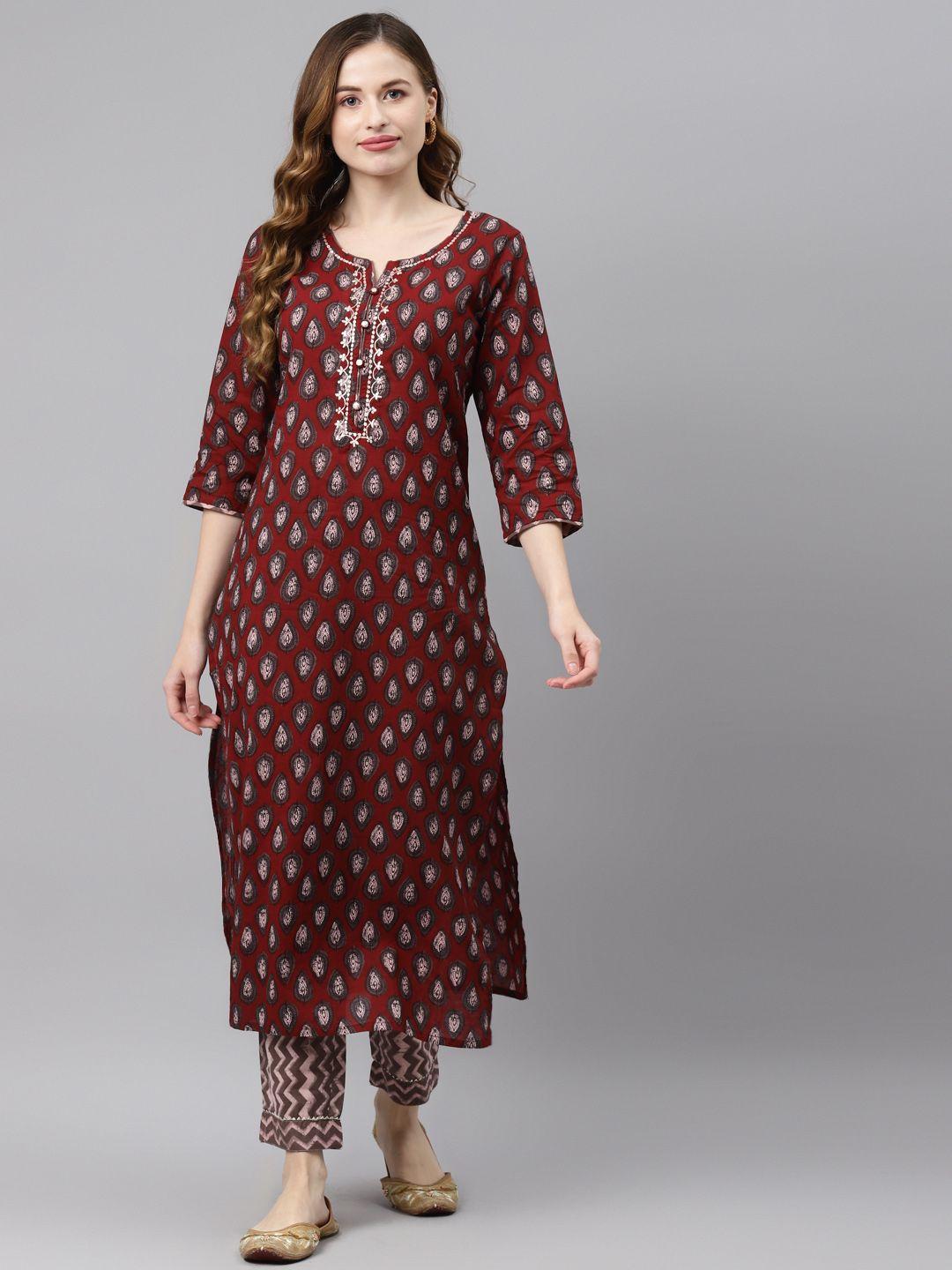 readiprint fashions women maroon & grey pure cotton ethnic motifs print kurta & trousers