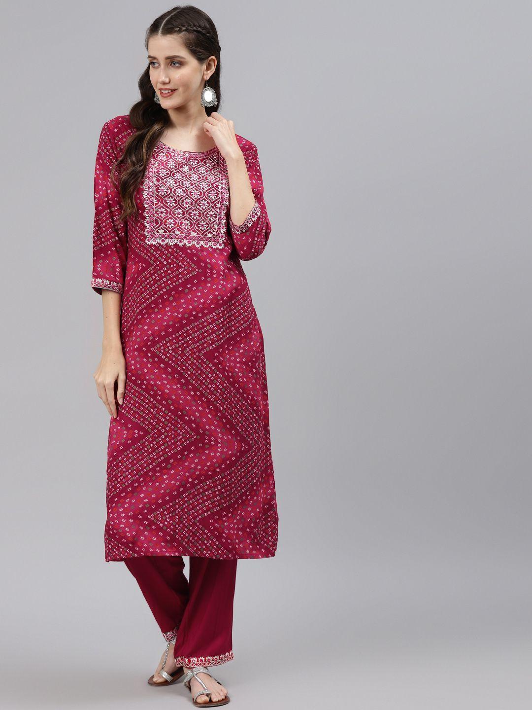 readiprint fashions women maroon & pink bandhani printed regular kurta with pyjamas