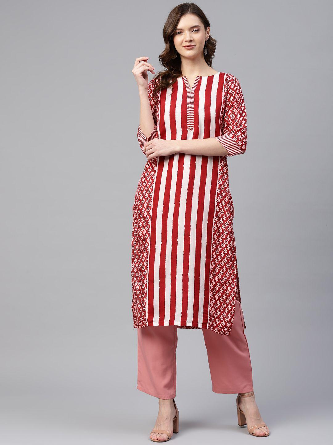 readiprint fashions women maroon & white striped & floral print cotton silk straight kurta