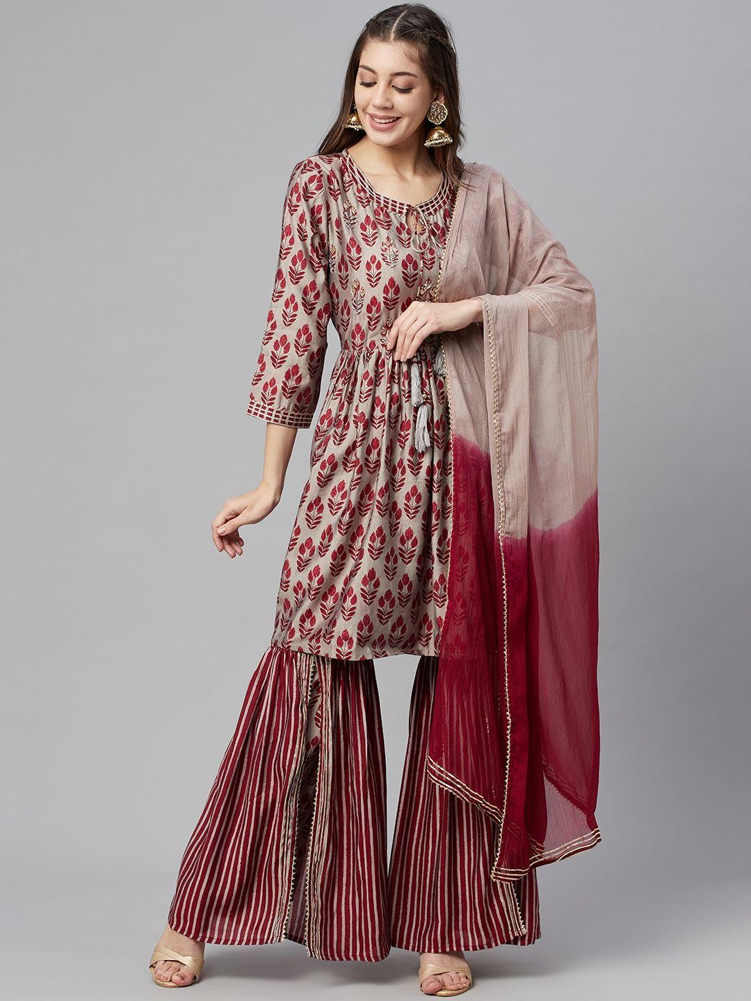 readiprint fashions women maroon ethnic printed gotta patti kurta with sharara & dupatta