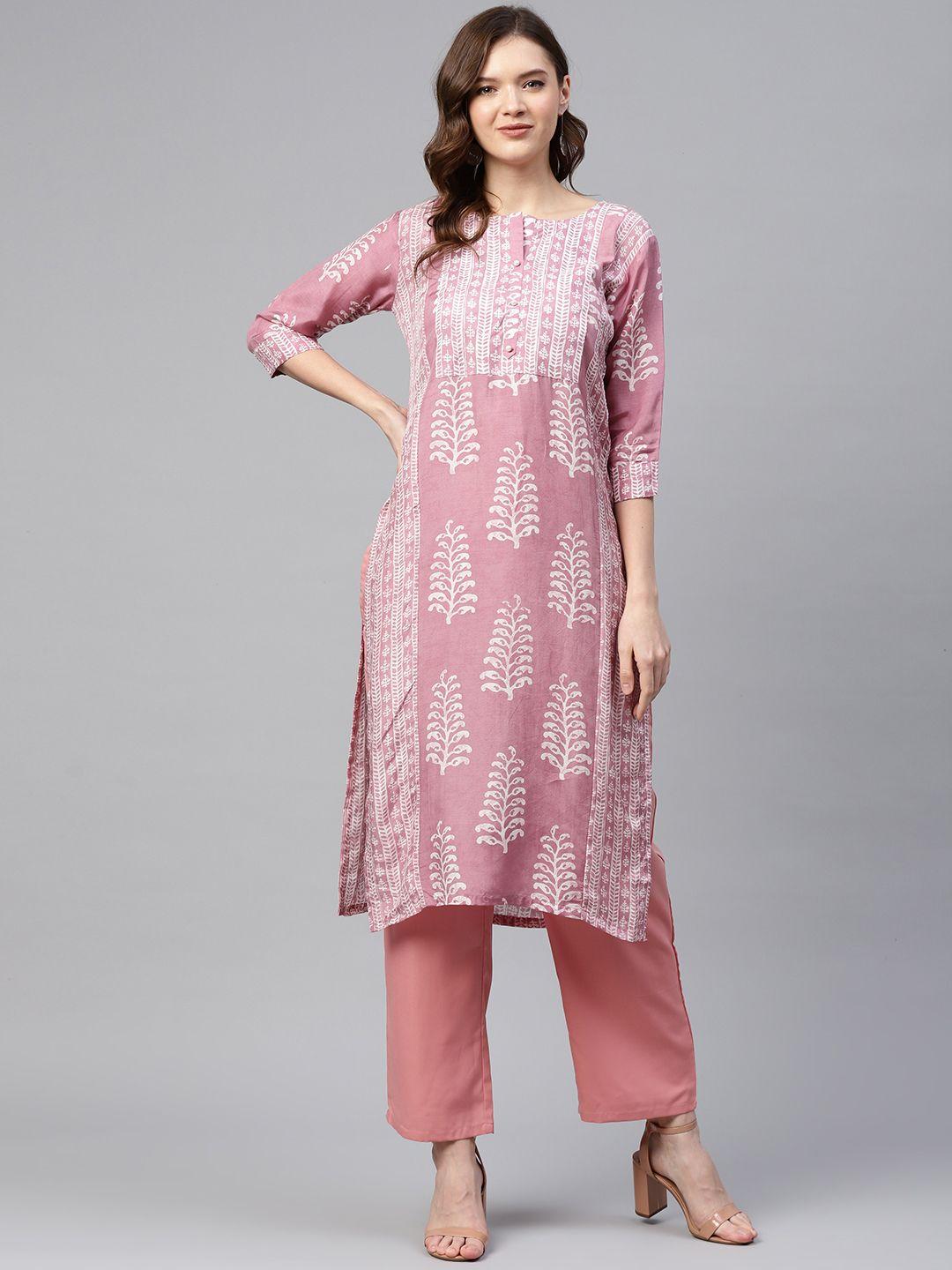 readiprint fashions women mauve & white ethnic motifs print cotton silk kurta