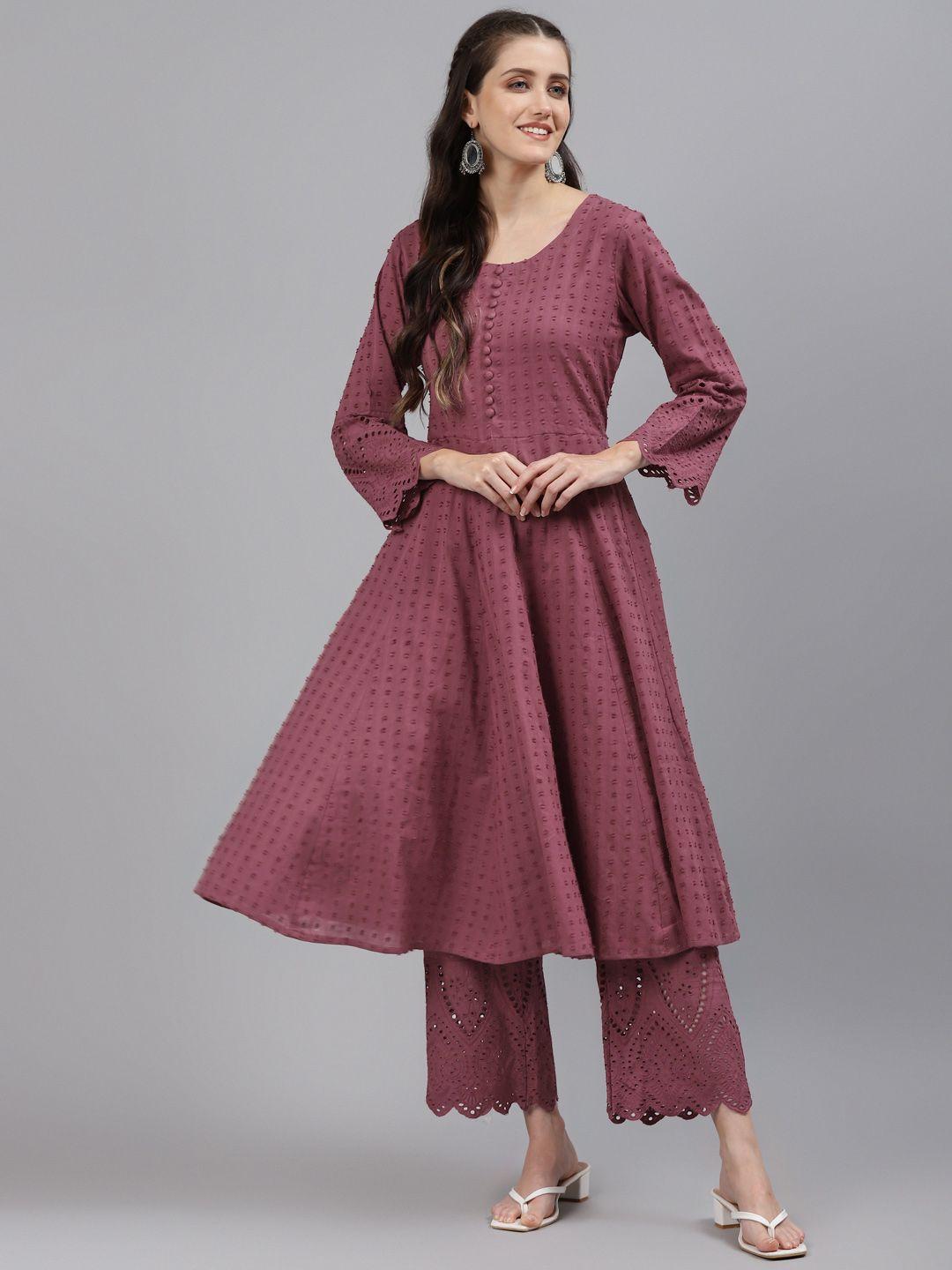 readiprint fashions women mauve embroidered chikankari pure cotton kurta with palazzos