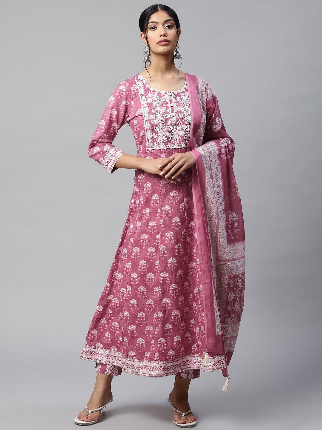 readiprint fashions women mauve floral embroidered cotton kurta with trousers & dupatta